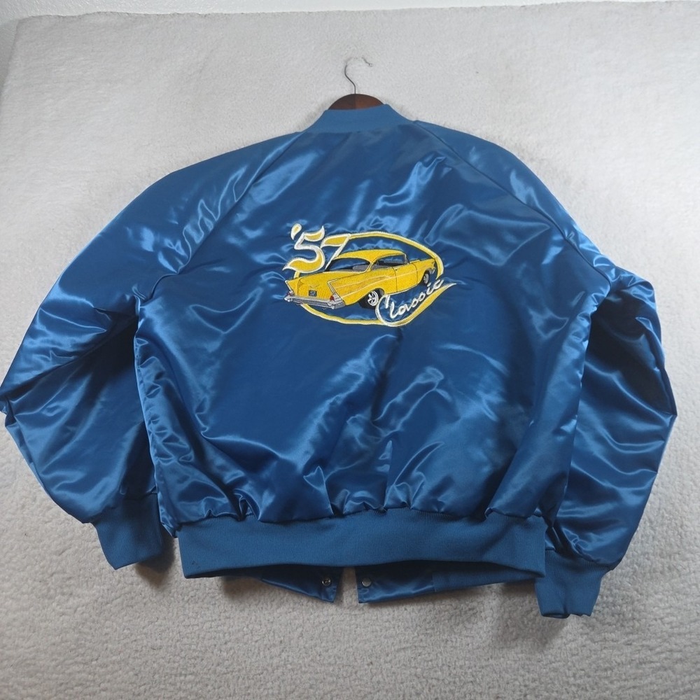 Vintage 70s WestArk‎ Satin Bomber Jacket 1957 Chevy Bel Air Car Club USA XL